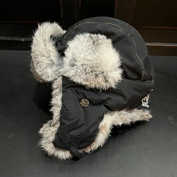 Black Supplex Bomber Trapper Hat w/100% Grey Rabbit Fur Trim 304BLK - Large - Picture 4 of 5